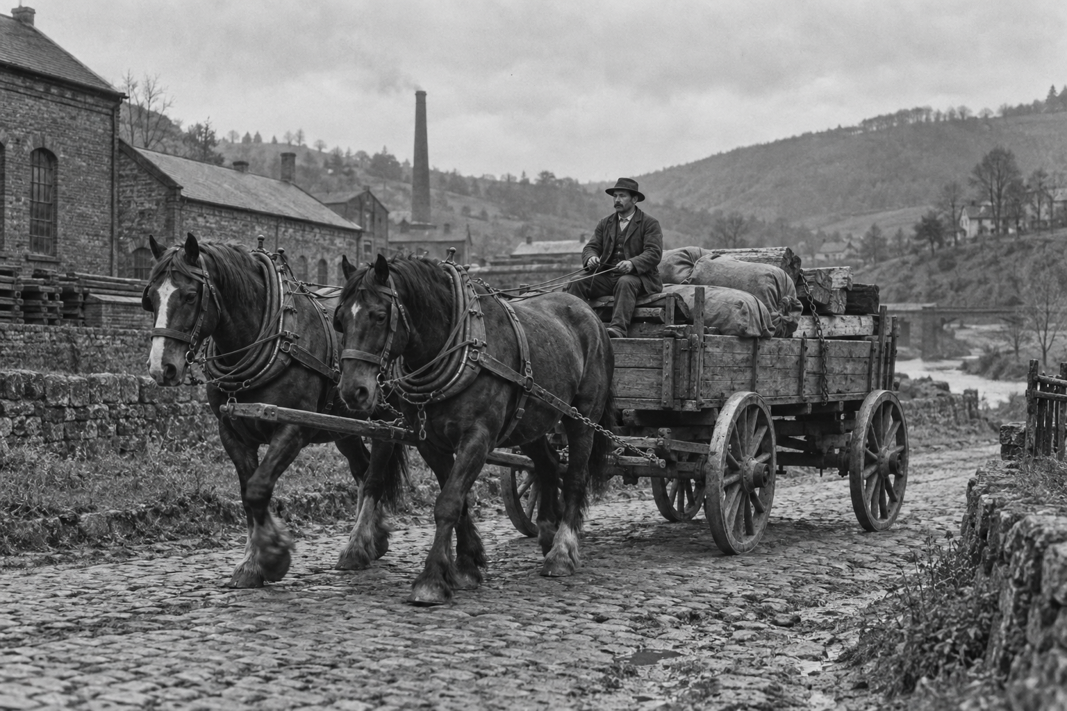 KI-Rekonstruktion: Zwei Kaltblüter ziehen eine Lastenkutsche im Ruhrgebiet um 1880