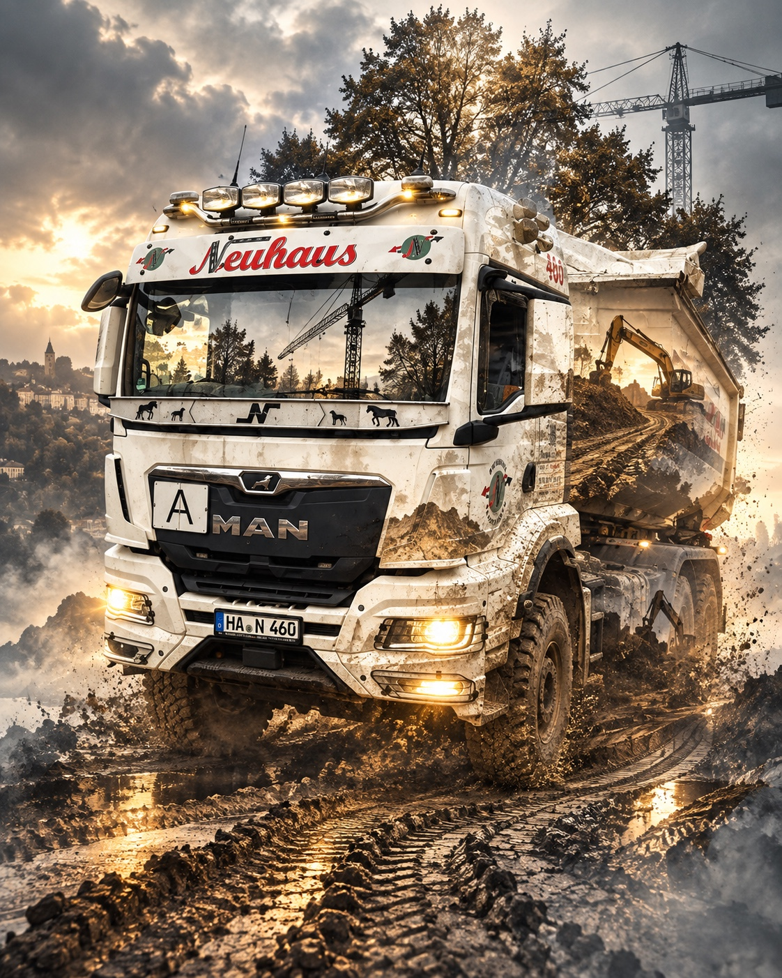 Gestaltetes Neuhaus-Motiv: Lkw in einer Baustellenszene